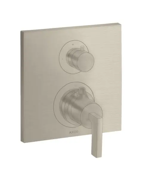 Thermostatsteuerung mit zwei Drehknöpfen und einem Hebelgriff in gebürstetem Nickel. Produkt von AXOR, für die Unterputzmontage geeignet.